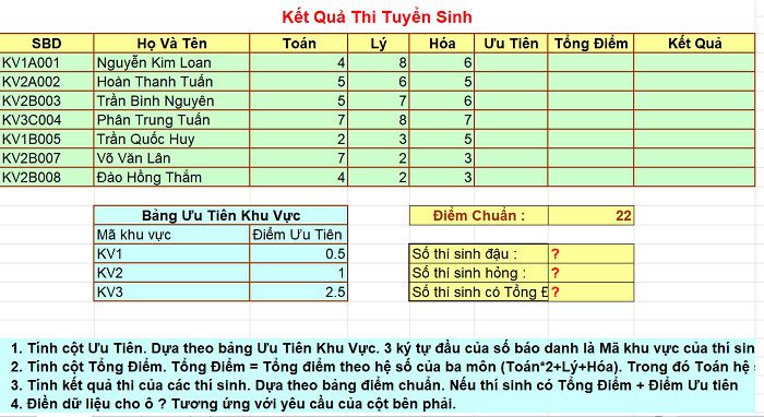 bài tập excel kết quả tuyển sinh 2019
