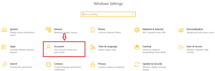 Chọn Account trong Windows Settings