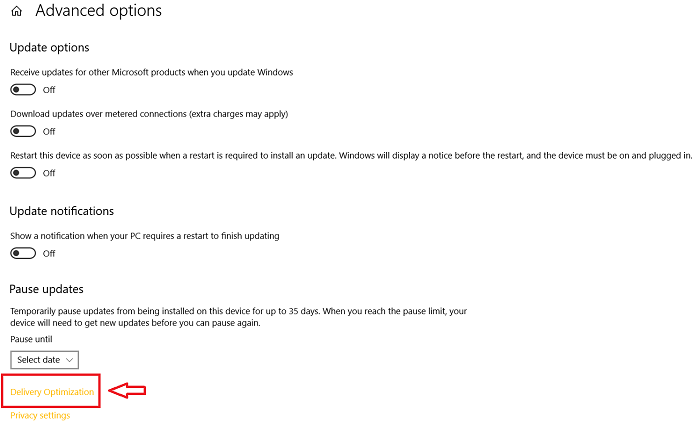 Chọn Delivery Optimization trong Advanced options