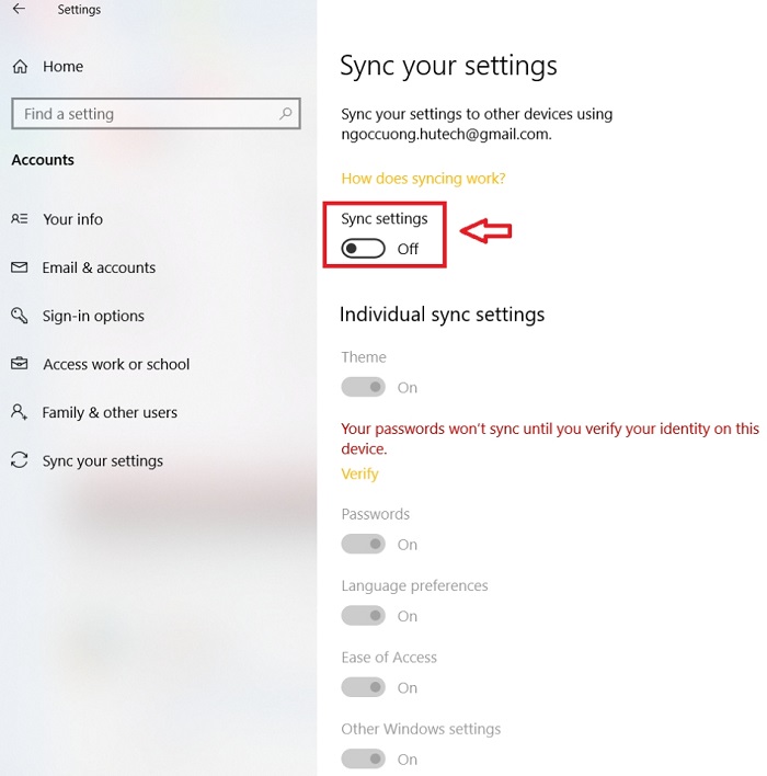 Chuyển Sync settings về chế độ Off