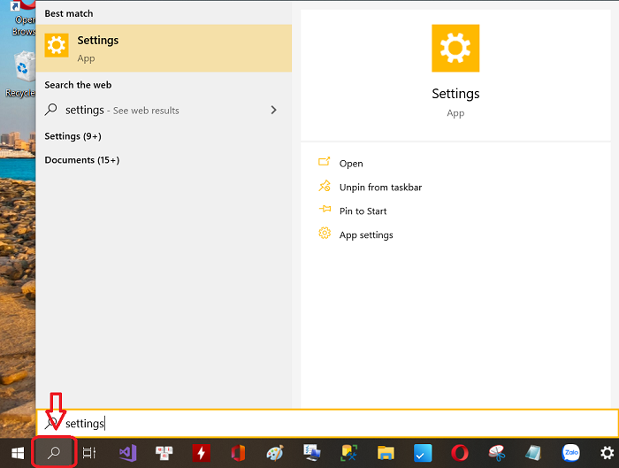 Điền từ khóa Settings vào thanh search trên Taskbar