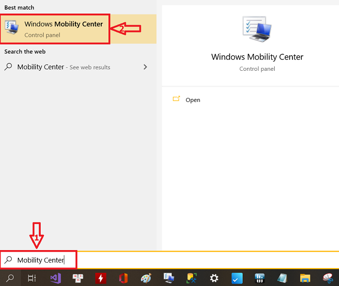 Điền từ khóa Mobility Center vào thanh tìm kiếm trên Taskbar