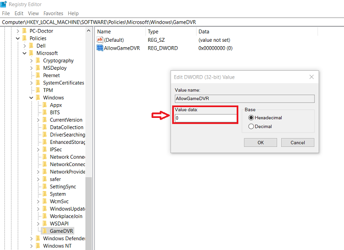 Thay đổi giá trị dữ liệu DWORD “AllowGameDVR” 