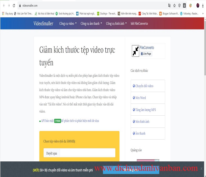 Giao diện của trang web Video Smaller