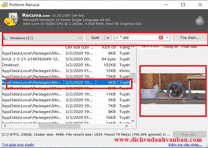 tìm kiếm file cần khôi phục trong Recuva