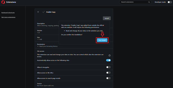 Chọn Yes, install để tiếp tục cài đặt Enable Copy