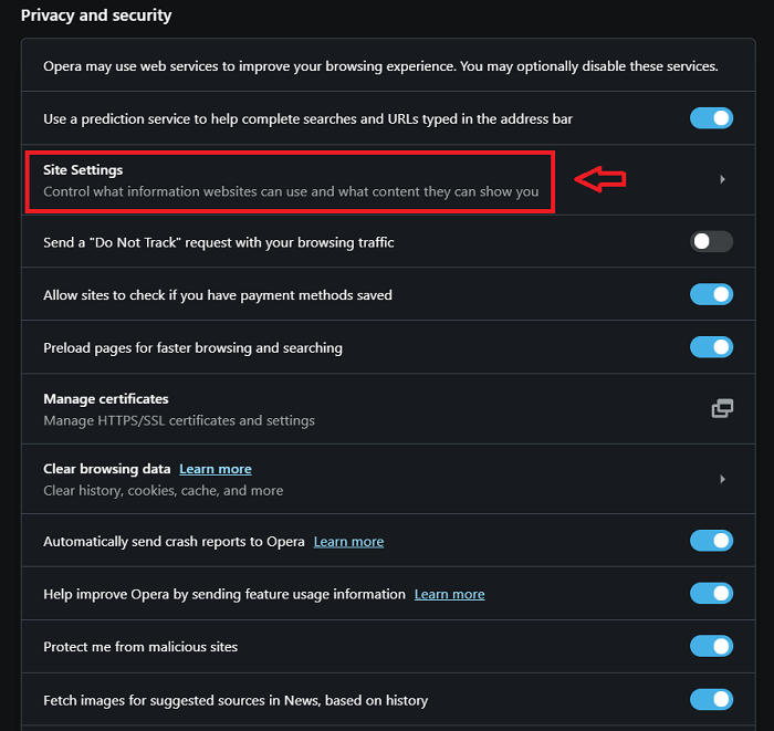 Chọn Site Settings trong Privacy & security 