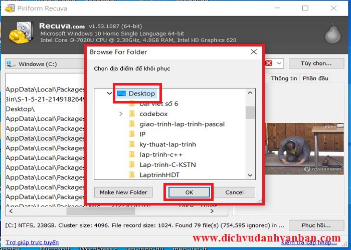 chọn vị trí để chứa file khôi phục