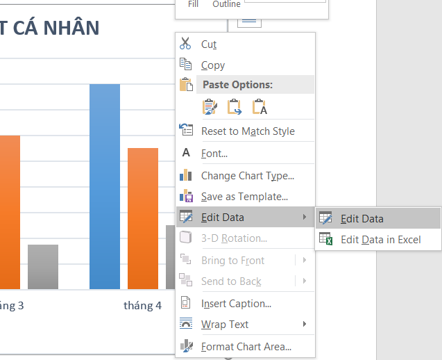 chỉnh sửa bản excel trong vẽ biểu đồ trong word