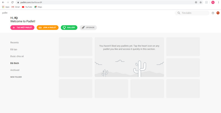 giao diện chính của padlet