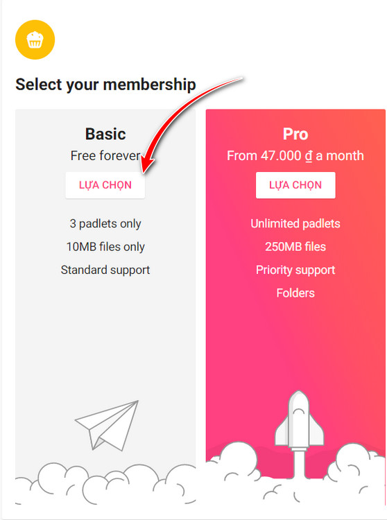 chọn gói tài khoản cho padlet