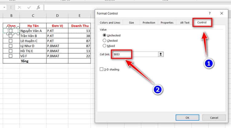 chọn cell link cho checkbox