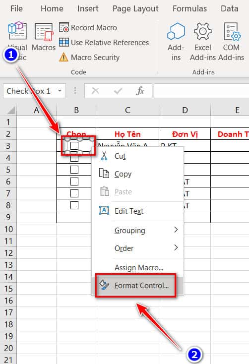 mở format control cho checkbox