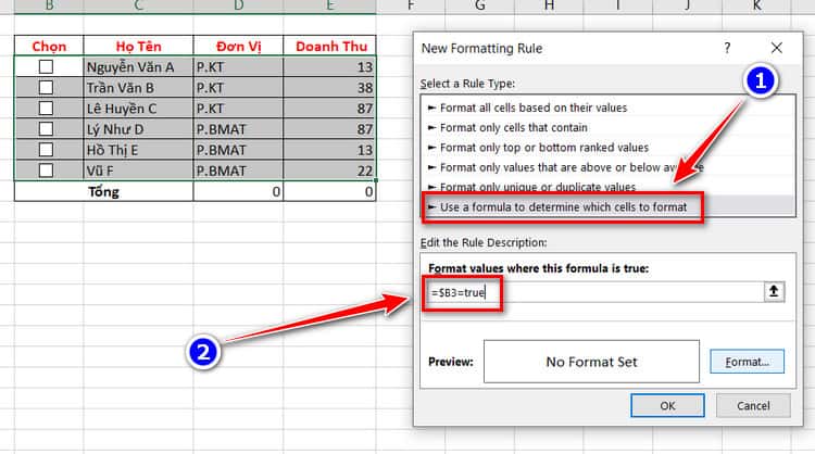 nhập điều kiện để format