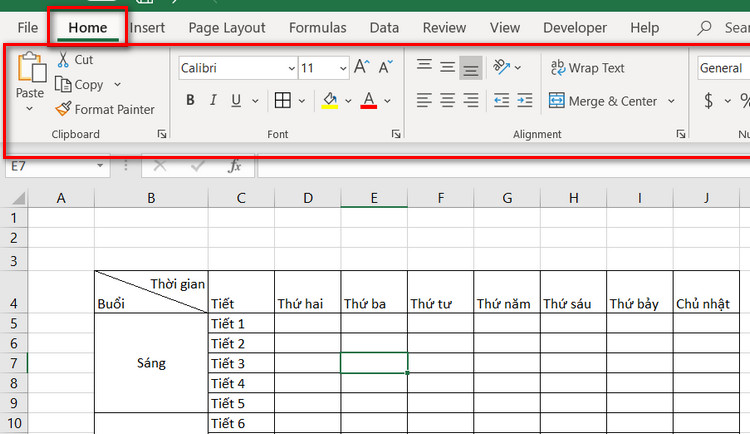 thẻ home trong excel