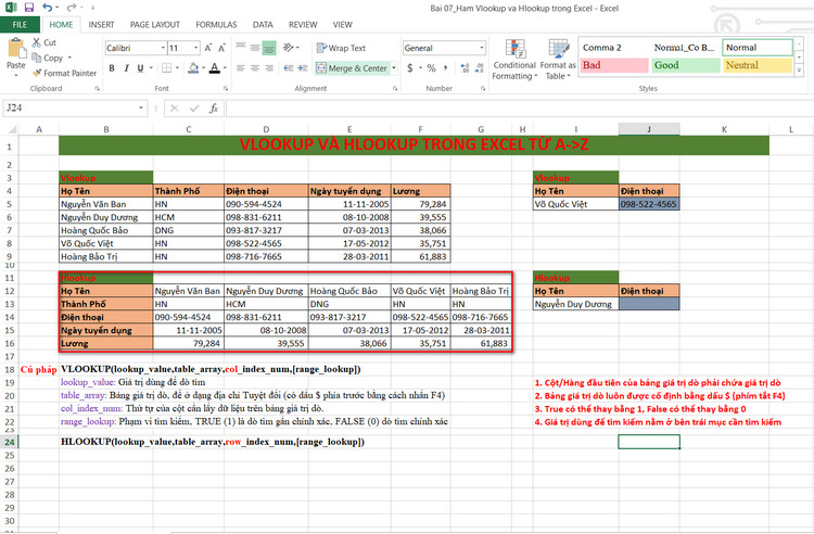 hàm hlookup bảng giá trị