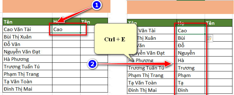 tách họ ra flash fill