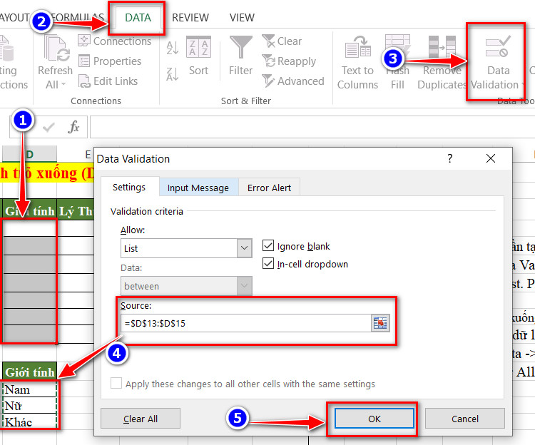 chọn các ô chỉ định data validation