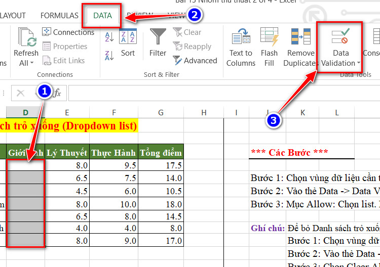 chọn dữ liệu cho data validation
