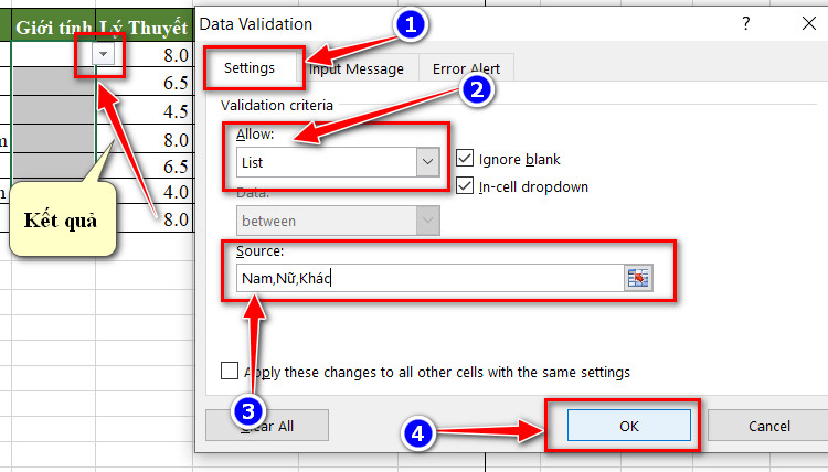 kết quả của data validation