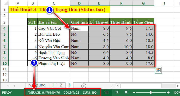 vị trí của thanh trạng thái