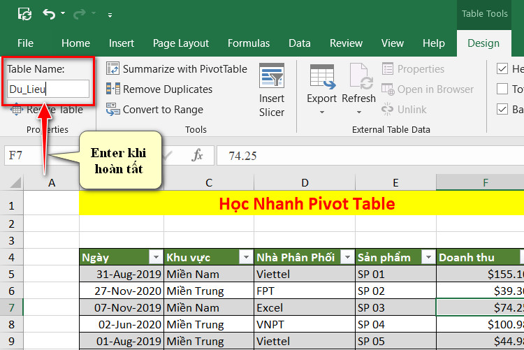 đặt tên cho table