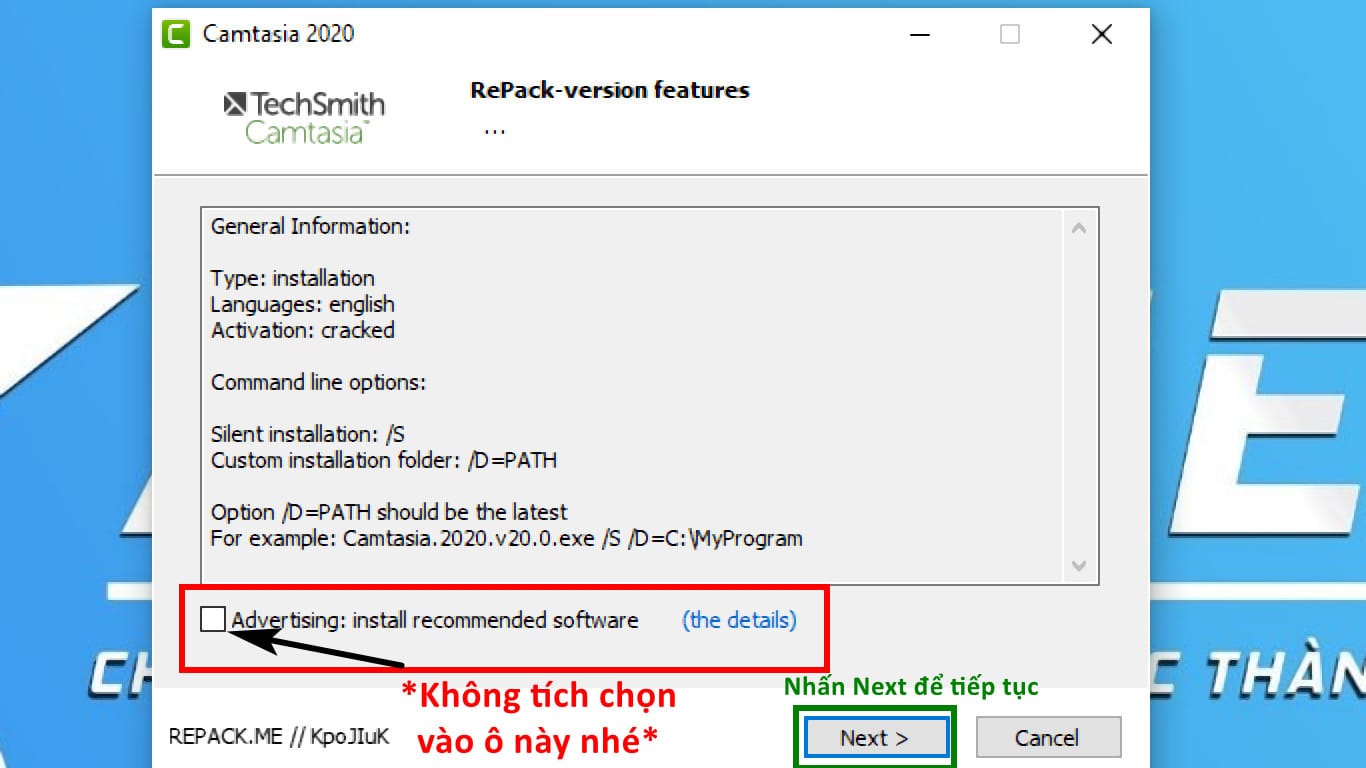 Bỏ tích chọn và nhấn Next để tiếp tục