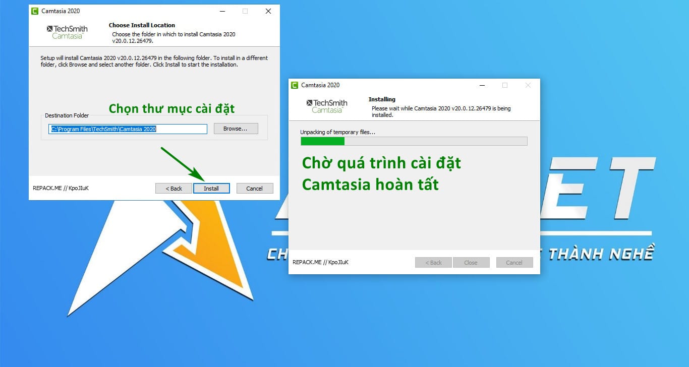 Nhấn Install để tự động cài đặt Camtasia 2020 Full bản quyền