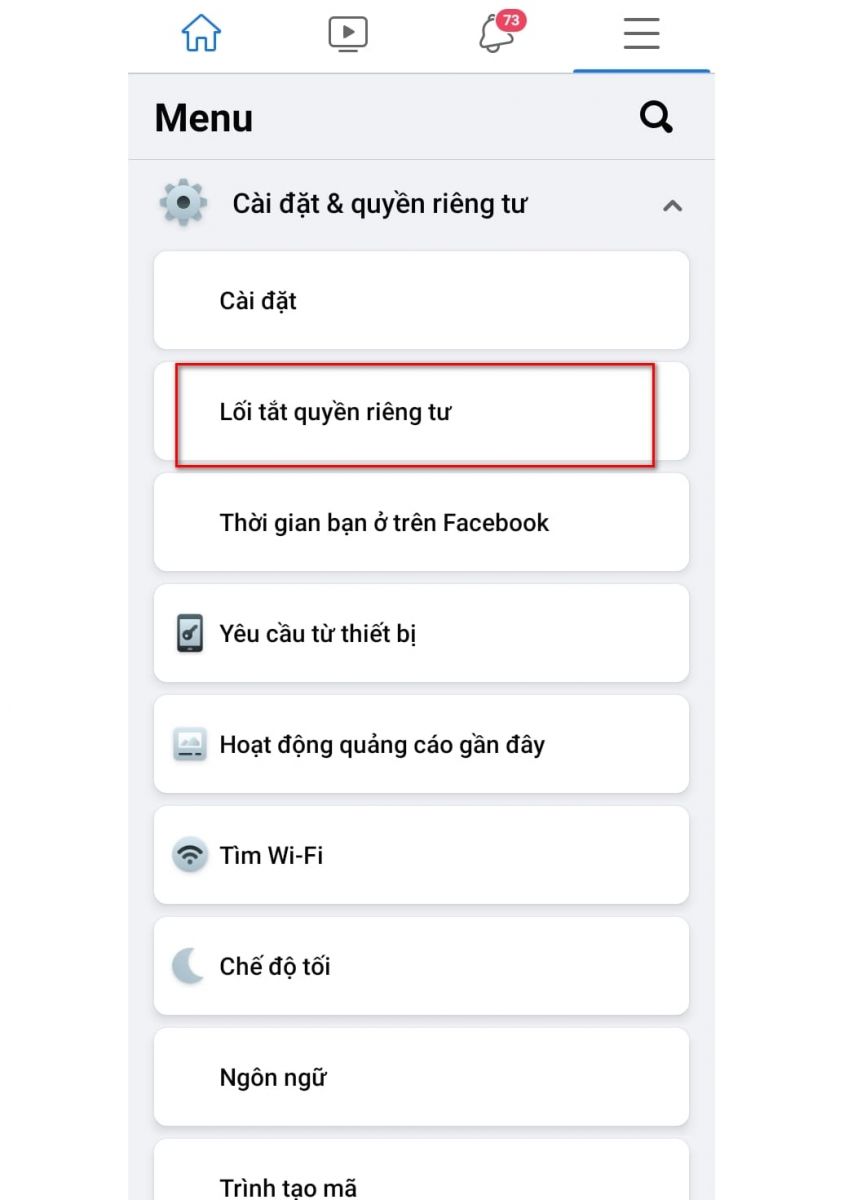 hình ảnh chọn lối tắt quyền riêng tư