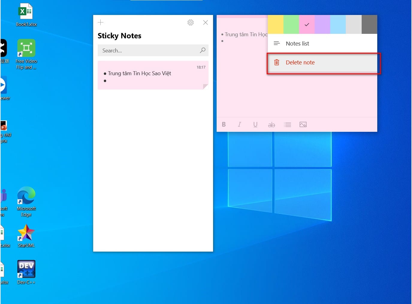 hình xóa notes tạo