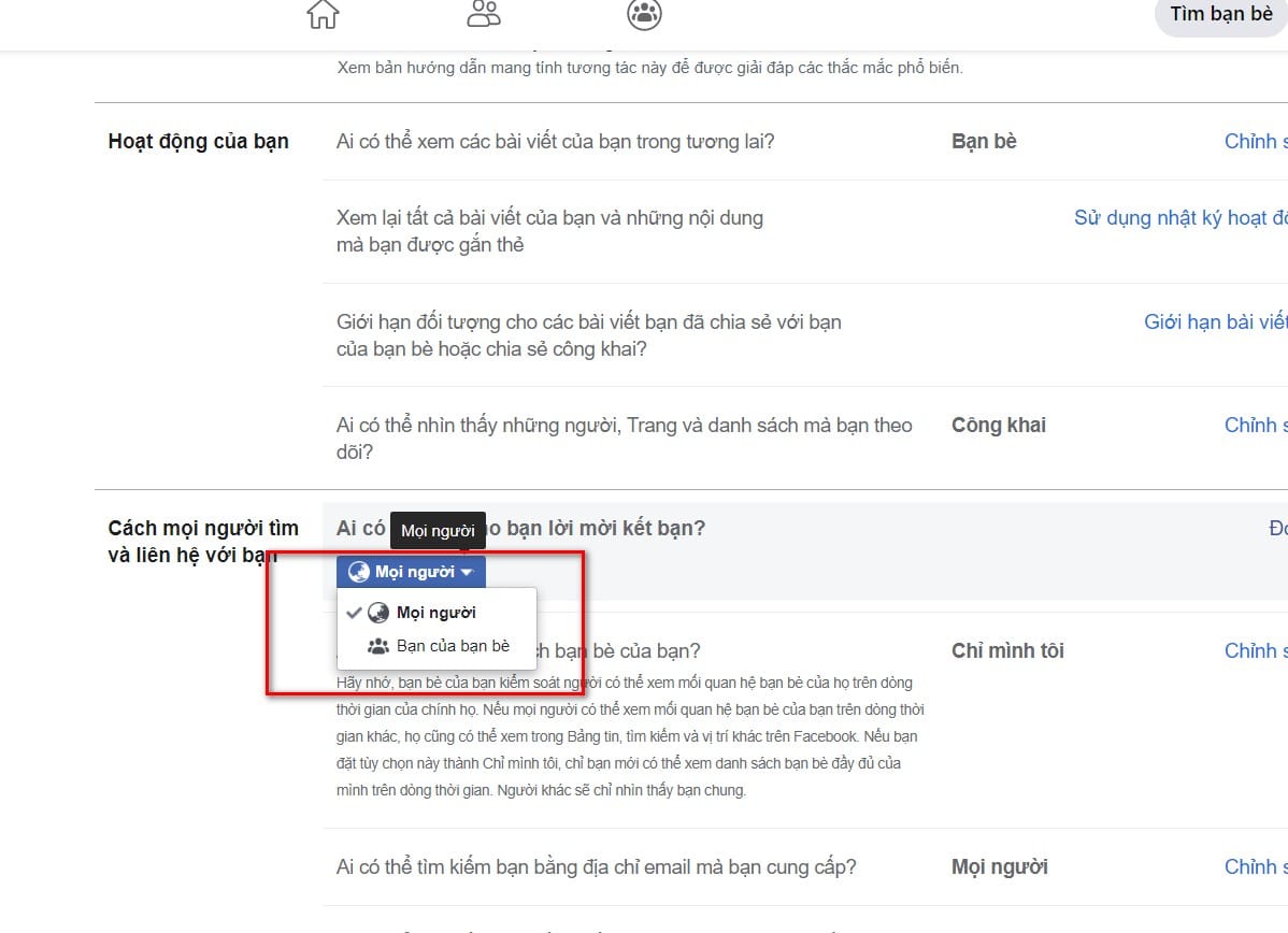 hình chọn vào quyền bạn của bạn bè