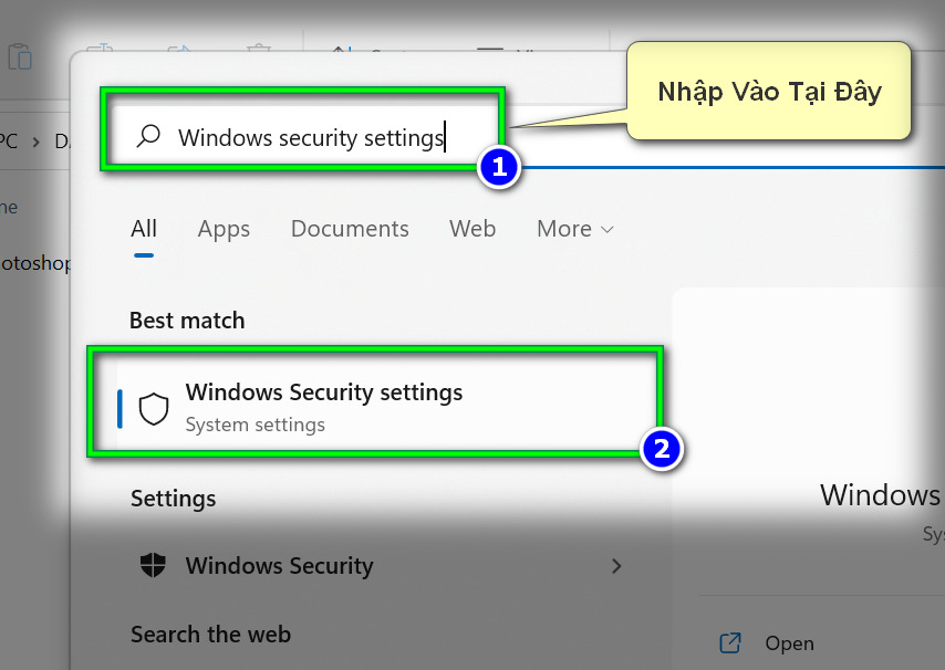 mở windows security settings
