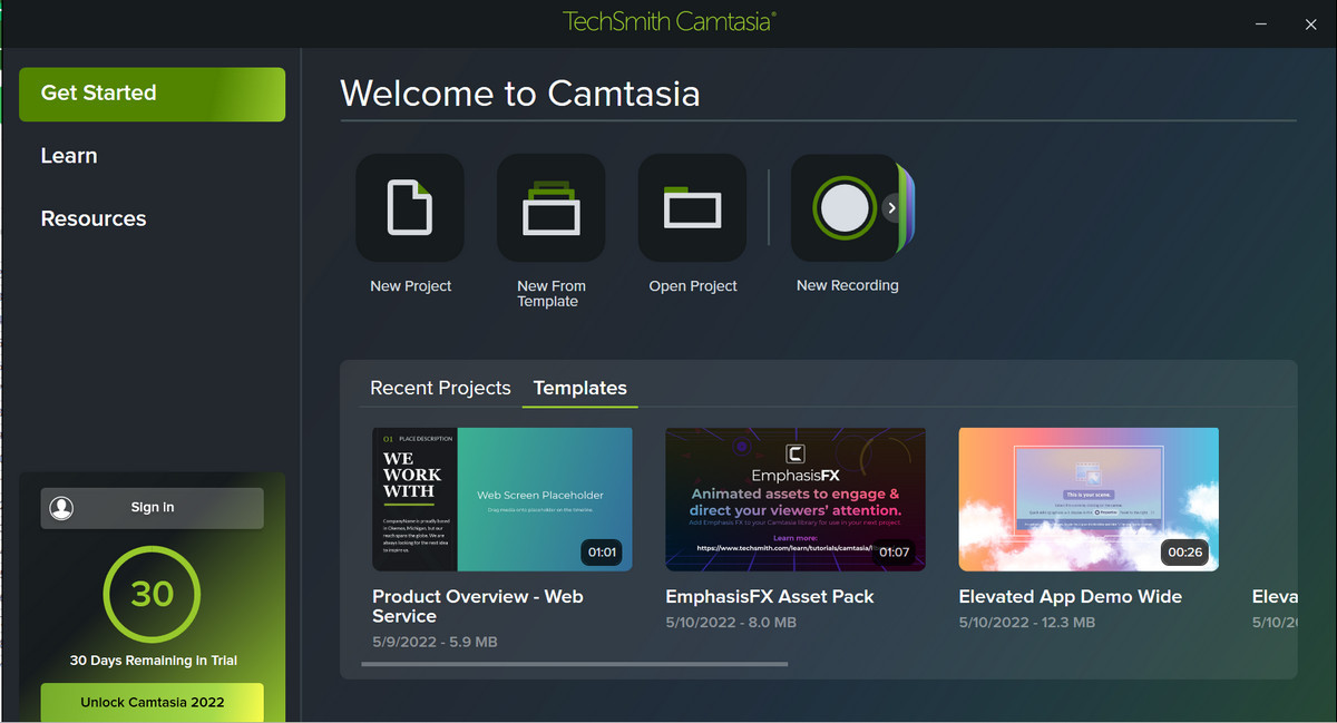 giao diện của camtasia