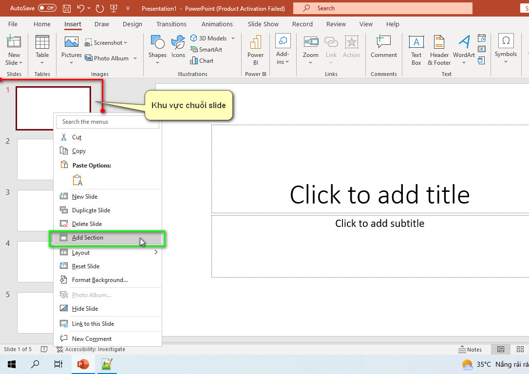 add section tại chuỗi slide