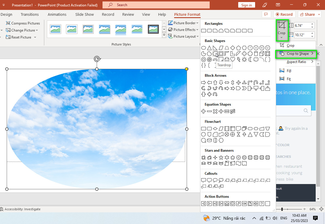 nhấn crop to shape để thay hình dạng