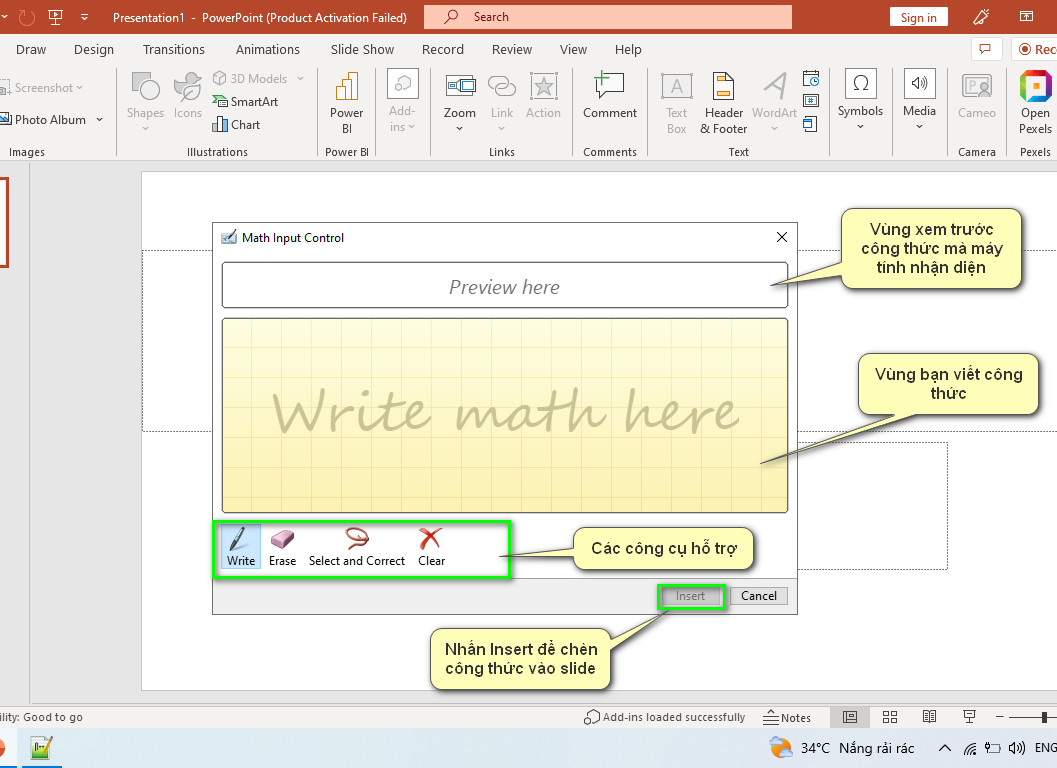 các phần trong bảng Math Input Control
