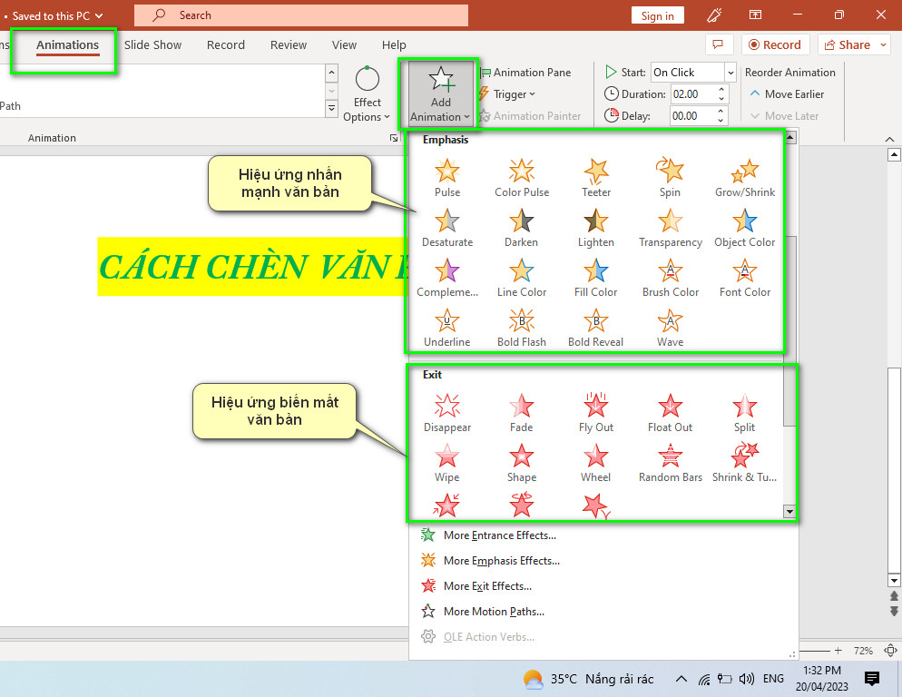 chọn hiệu ứng nhấn mạnh biến mất chữ