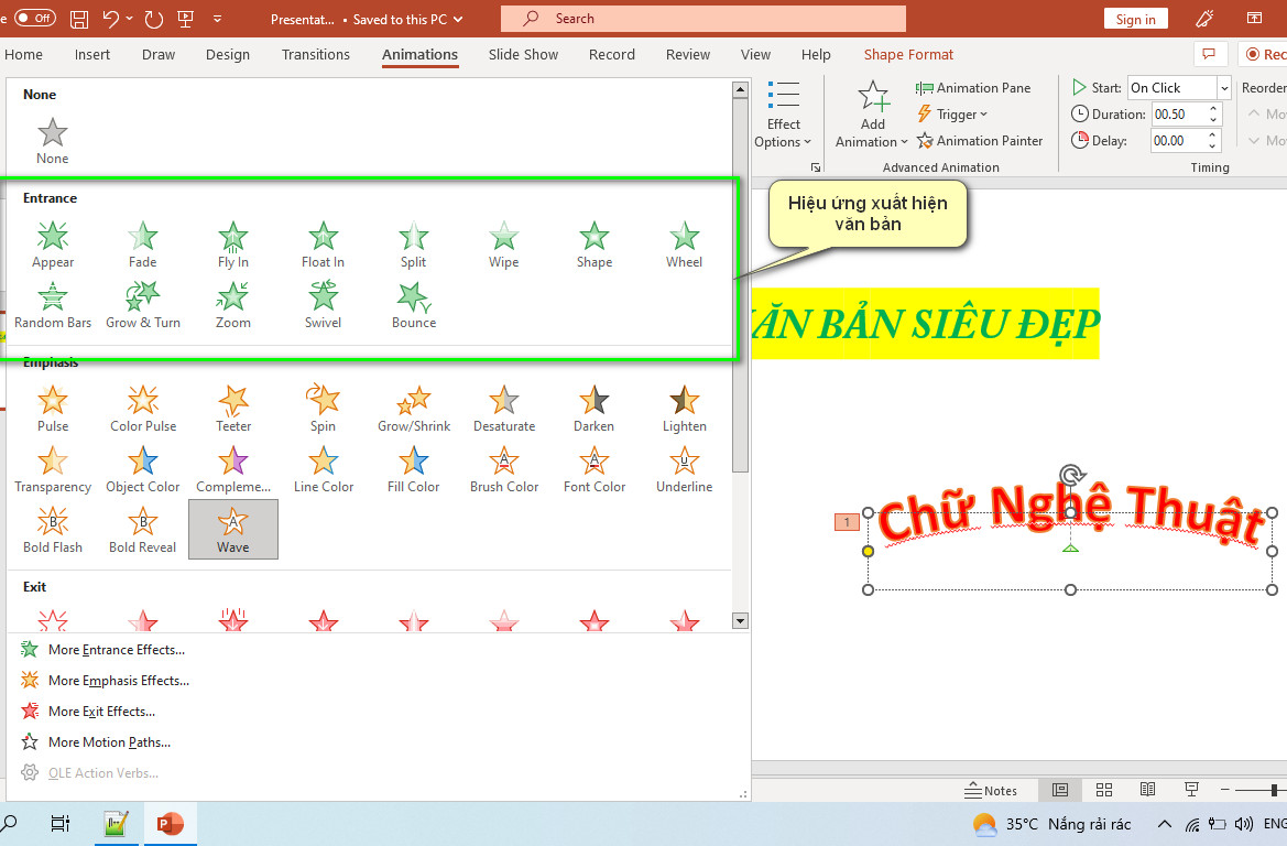 chọn hiệu ứng xuất hiện 